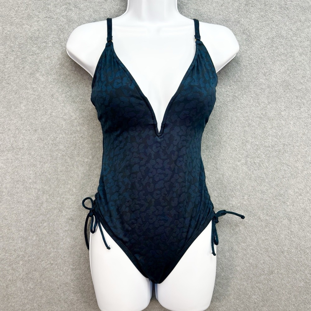 Mynah Leopard 1 Piece Swim Suit Plunging Neckline Cinch Up Tie Back Size XS